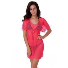 Women Elegant Short Sleeve V Neck Lace Hollow Out Solid Mesh Beach Dress Vestidos 2024 - buy cheap