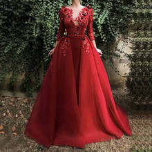 Red Muslim Evening Dress Detachable Train Full Sleeve Lace Illusion Islamic Dubai Kaftan Saudi Arabic Evening Gown Prom Dress 2024 - buy cheap