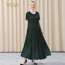VOA шелковое темно-зеленое тяжелое двухстороннее атласное Многокомпонентное трёхмерное платье AE719 с круглым вырезом и коротким рукавом для женщин 2021 2024 - купить недорого