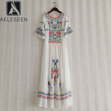 AELESEEN Runway Fashion Summer Embroidery Dress Wome Flare Sleeve White Flower Elegant Beach Holiday Party Long Dress 2024 - buy cheap