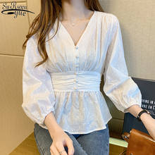 V-neck Shirt Woman Solid Sweet Blouse Women White Lace Top Long Sleeve 2021 Autumn Chic Office Lady Clothes with Button 10539 2024 - buy cheap