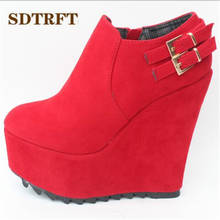 SDTRFT-Botines con hebilla de 15cm para mujer, botas con plataforma de tacón alto, cuñas, zapatos de boda, rojo, talla pequeña: 30, 31, 32, 33-43 2024 - compra barato