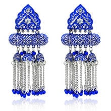 2021 Ins Indian Jhumki Jhumka Handmade Blue Beads Embossment Flower Tassel Piercing Bohemia Earrings Vintage Women Party Jewelry 2024 - buy cheap