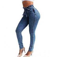 Jeans de cintura alta feminino plus size, 5xl, mulheres, slim, stretch, jeans, tassel, cinto, skinny, push up, jeans, mulher, lu1192 2024 - compre barato