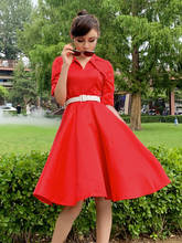 Vintage Elegant Red Bow Tie Slim Audrey Hepburn Vintage High Waist Puff Dress Women Retro Dress Party Vestidos 2024 - buy cheap
