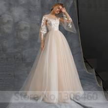 Champagne A Line Tulle Floor Length Wedding Dress Long Sleeve Sheer O Neck Appliques Lace Bride Gown Robe de mariée Button Back 2024 - buy cheap