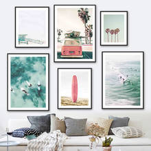 Mar tropical praia palm surfboard céu do carro arte da parede da lona pintura nórdico cartazes e impressões fotos de parede para sala estar decoração 2024 - compre barato