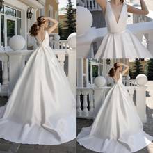 2020 A Line Wedding Dresses V Neck Sleeveless Lace Satin Bridal Gowns Custom Made Backless Sweep Train Plus Size Wedding Dress 2024 - buy cheap