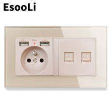 EsooLi Gold Glass Panel French Standard Socket with 2 USB Charge Port + RJ45 Internet Jack and RJ11 2 Core Telephone Connector 2024 - buy cheap