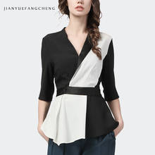 Fashion Black White Color Block V-Neck Tops Women Summer New Patchwork Half Sleeve High Waist Slim Elegant Office Blouses 2024 - buy cheap