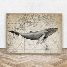 Humpback Whale Watercolor Painting Upon Map Background Print Vintage Poster Canvas Prints Picture Bathroom Wall Art Decor 2024 - buy cheap