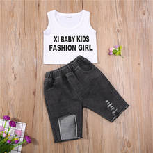 Girl’s 2 Piece Suit Fashion Letter Print Sleeveless Cropped Tops and Ripped Denim Short Pants Summer Outfits for 3-15 Years 2024 - buy cheap