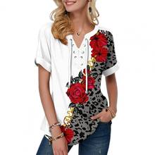 Plus Size Women Clothing Short Sleeve Floral Print T-shirts Fashion Bandage V Neck Summer Tee Lady Loose Casual Elegant T-Shirt 2024 - buy cheap