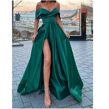 Vestido largo de satén verde con hombros descubiertos, traje de fiesta largo con cuello en V, estilo árabe, con bolsillos 2024 - compra barato