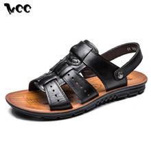 Sandálias masculinas de couro genuíno, chinelos rasteirinhos casuais para homens, calçados antiderrapantes para o verão, em tamanho grande, cor preta 2024 - compre barato