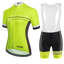 Xama feminino manga curta camisa de ciclismo bib define amarelo fluorescente respirável bicicleta camisa de secagem rápida mountain bike roupas conjunto ciclismo feminino roupas femininas com frete gratis roupa mtb cas 2024 - compre barato