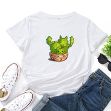 Cat-shaped Cactus Planta T-shirt de Algodão Mulheres O-pescoço Curto-de mangas compridas Camisa Mulheres Casuais T Harajuku Gráfico T-shirt Das Mulheres 2024 - compre barato