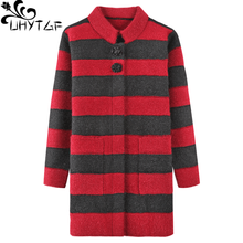 Uhytgf casaco trench feminino tricô manga comprida, plus size listrado elegante casaco longo feminino outono inverno 743 2024 - compre barato