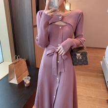 Vestido de punto largo Vintage para mujer, suéter Sexy ajustado coreano con cinturón, cuello redondo, vendaje de punto, línea A, manga larga, invierno y otoño 2024 - compra barato