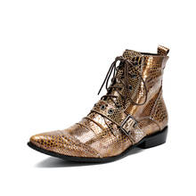 Chaussures Homme Fashion Python Skin Gold Men Genuine Leather Boots Pointed Toe Men Ankle Boots Luxury Lace Up Motorcycle Boots 2024 - buy cheap