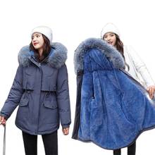 Chaqueta con capucha de piel para mujer, abrigo grueso coreano acolchado de algodón, Parkas largas, abrigo de terciopelo, ropa de invierno 2024 - compra barato