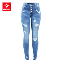 Youaxon nova calça jeans rasgada plus size, calças femininas fashion elástica com botão de botão desgastado, calças jeans para mulheres 2239 2024 - compre barato