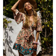 Hippie Floral Printed Mini Dress Bow V Neck Ruffle Sleeve Vintage Vestidos 2022 Summer Beach Boho Casual Clothes Women Dresses 2024 - buy cheap