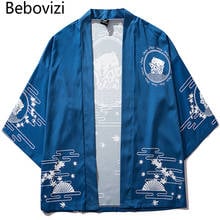 Мужское тонкое кимоно с принтом кота Bebovizi, Японская уличная одежда синего цвета, повседневная верхняя одежда, 2019 2024 - купить недорого