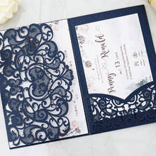 (100 unids/lote) invitación de boda de bolsillo azul marino cortada con láser con tarjeta de respuesta personalizada, tarjetas de invitación de cumpleaños de matrimonio IC136 2024 - compra barato