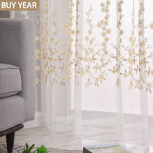 Europeu-estilo cortinas para sala de estar jantar quarto plana bordado pequenas folhas azul amarelo branco três cores tule 2024 - compre barato