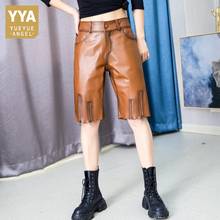 Straight Shorts Women Fashion Real Leather Elastic Waist Sheepskin Knee-Length Shorts Designer Street Biker Shorts Female 2024 - buy cheap