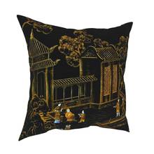 Almofadas decorativas de seda, preto e dourado, oriental, coberta, travesseiro, para sala de estar, poliéster, dupla face, impressão 2024 - compre barato