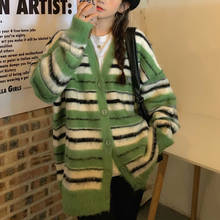 Suéter moletom feminino listrado, inverno, outono, mohair, casual, coreano, com botão, casaco 2024 - compre barato