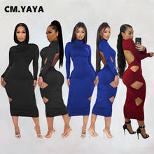 CM.YAYA Women Long Sleeve Turtleneck Cut Out Hole Side Bodycon Midi Maxi Dress Sexy Club Party Pencil Long Dresses 2021 New 2024 - buy cheap