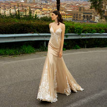Vestido de novia de sirena de satén elástico con tirantes finos, vestido de novia con apliques de Francia, color champán 2024 - compra barato