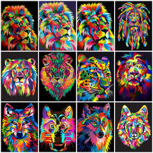 Huacan pintura a óleo de leão tigre, animais de desenho em tela pintadas à mão faça você mesmo pintura por número de lobo kits decoração para casa 2024 - compre barato