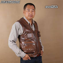 Colete de couro genuíno de vaca, colete fotográfico masculino com muitos bolsos marrom para motocicleta 01 2024 - compre barato