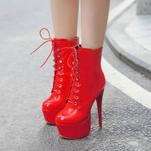 Pxelena bota ankle boot feminina de pole dance, salto muito alto stiletto com zíper plataforma de couro patenteado sapatos de festa 43 2024 - compre barato