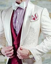 New Style Men Suits Beige and Burgundy Groom Tuxedos Shawl Satin Lapel Groomsmen Wedding Best Man ( Jacket+Pants+Vest+Tie ) D97 2024 - buy cheap