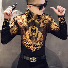 Luxury gold printed shirt men's casual retro long-sleeved shirt party tuxedo shirt fashion casual slim street wear shirt men 2024 - buy cheap