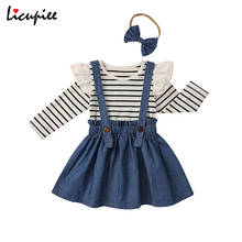 1-6 Years Autumn Baby Girls Clothes Long Sleeve Striped T-shirt Tops Blue Suspenders Skirt with Headband 3pcs Outfits 2024 - buy cheap