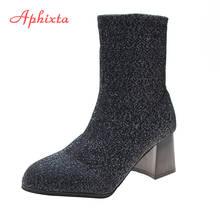 Aphixta/сапоги-носки Женская обувь эластичные вязаные сапоги до середины икры, носки обувь на квадратном каблуке с блестящими пайетками, большой размер 43 2024 - купить недорого