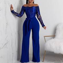 Women Fashion Elegant Casual Off Shoulder Crochet Party Romper Solid Lace Patchwork Splicing Wide Leg Belted Jumpsuits 2024 - buy cheap