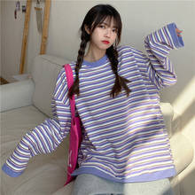 2020 Autumn New Thin Loose Korean Striped Round Neck College Style Women's Sweatshirts Korean Harajuku Ulzzang Retro Hoodies 2024 - buy cheap