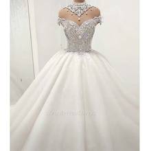 Luxury Crystal Beading Ball Gown Wedding Dress Vintage High Neck Short Sleeve Tulle Wedding Gown robe de mariee 2024 - buy cheap