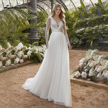 Lakshmigown свадебное платье с длинным рукавом в стиле бохо с узором в виде перьев, мягкое простое Тюлевое свадебное платье, кружевное Плиссированное 2024 - купить недорого