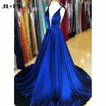Royer Blue A-Line Evening Dresses Long Deep V-Neck Tank Court Train Shiny Silk Satin Prom Party Gown Evening Dress 2024 - buy cheap