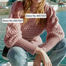Jersey de punto con cuello redondo para mujer, jersey de ganchillo con manga abombada, de mezcla de lana 2024 - compra barato