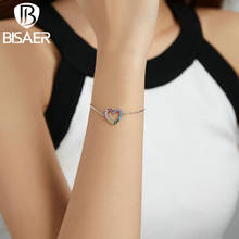 BISAER 2021NEW Silver 925 Jewelry Colorful Zircon Heart Rainbow Love Chain Bracelet For Women Fine Jewelry Festival Gifts ECB216 2024 - buy cheap