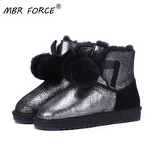 MBE FORCE Classic Cowhide Leather Wool Shearling Lined Women Short Winter Boots Pom-pom Style Ankle Snow Boots Shoes Pink Black 2024 - buy cheap